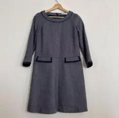 OFUON ヘリンボーン柄 長袖ワンピース オフオン　ネイビー　パフスリーブ