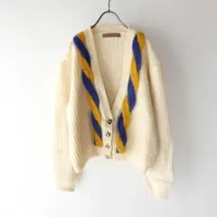 USED 古着 イエロー ネイビー もこもこ ケーブル柄 ニット カーディガン