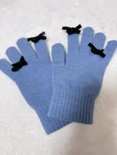 Louemeフィンガーホールリボングローブ リボン付き青ニット手袋