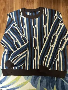 幾何学模様 ニットセーター 青 白 茶