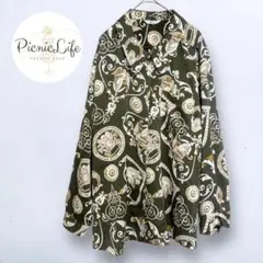 美品❤ スカーフ柄長袖とろみシャツ 総柄 レギュラーカラー ブラウス レトロ