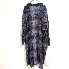 ロキシー ペイズリー 総柄 ロング カーディガン ノーカラー 長袖 紺 赤のサムネイル