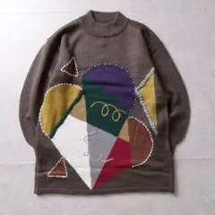 90s 幾何学 アート ニット セーター ブラウン パール ビーズ 古着