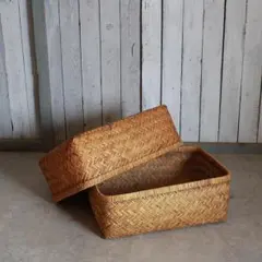 古い竹編みの収納かご　行李　竹籠　篭　古道具