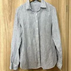 【L】無印良品　シャツ　長袖　ストライプ 麻　リネン　前開き