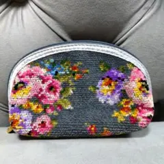 花柄刺繍 グレー ポーチ