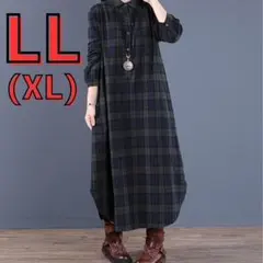 シャツワンピ　XL　チェック　グリーン　ネイビー　ロング　重ね着