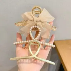 まとめ売り　3個セット　パール　リボン　ゴールド　金　ヘアクリップ　髪留め　上品