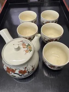 九谷焼 玉峰 梅の花 陶器急須と湯飲み5個セット