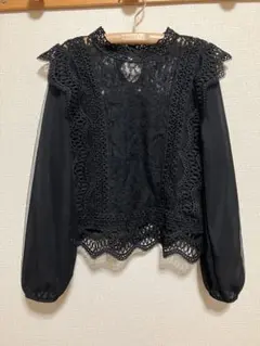 reonie レオニー シフォンチュールブラウス レース シアー ブラック M