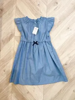 【新品未使用タグ付き】デニム風　ストライプ　リボンワンピース　120cm