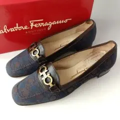 フェラガモ ガンチーニ ローファー 7D 24.5cm キャンバス×レザー紺