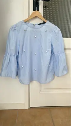 ZARA BASIC パール装飾 五分袖ブラウス