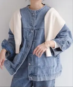 andme オーバーサイズノーカラーデニムツイルジャケット