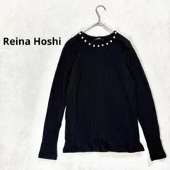 【レイナホシ】LL リブ編みニットカットソー　パール装飾付き　ブラック