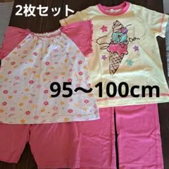 半袖パジャマ　女の子　95～100cm　2枚セット　ピンク　お花柄　アイス柄のサムネイル