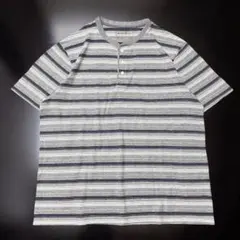 00s エディーバウアー ヘンリーネック マルチボーダー Tシャツ 灰 白 濃紺のサムネイル