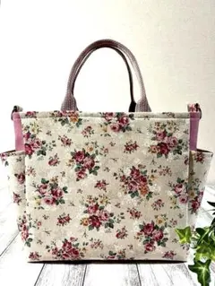 ハンドメイド トートバッグ ファスナーふた ＆サイドポケット 底板付きブーケ柄