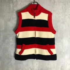 昭和レトロリバーシブルニットダウンベストボーダーマルチカラー赤黒白古着