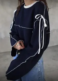 リボン付きネイビー長袖カットソー 青 白 ロンティーレディースXL プラスサイズ