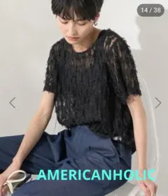 【AMERICANHOLIC】チュールフリンジシアーTシャツ　重ね着　カットソー