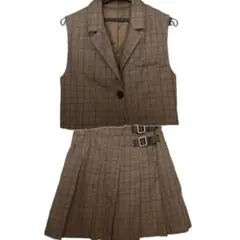 イング ブラウンチェック 上下セットアップ ベスト プリーツスカート 春服