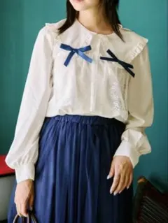 【クティールとレトロ】フリル襟レースリボンブラウス