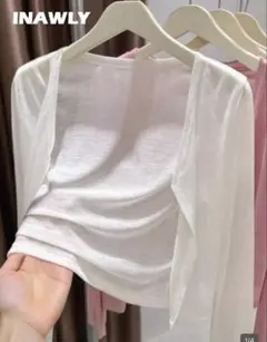 ホワイト長袖クロップド　カーディガン　サマーカーディガン　シースルー