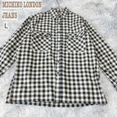 ミチコ ロンドン【L】長袖コットンシャツ ブロックチェック レギュラーカラー 綿のサムネイル