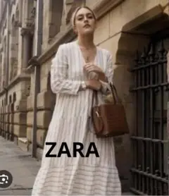 【ZARA】V ネック ティアードワンピース ロング丈 ベージュ リネン風