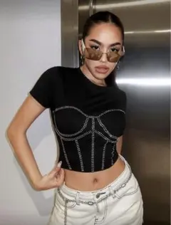 SHEIN ブラック Y2Kラインストーン　クロップドトップス半袖