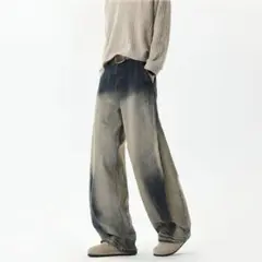 ワイドデニムパンツ バギー ヴィンテージ加工 グラデーション M 男女兼用