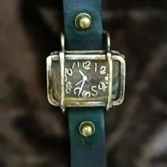 ハンドクラフト工房作品 スクウェア型ダークブラウン 文字盤レザーバンド 腕時計