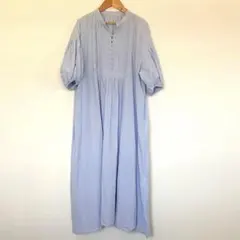 袖バルーン　ふんわり青ワンピース　Ｖネック