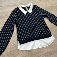重ね着風ストライプトップス Lサイズ ネイビー×ホワイト ドッキングレイヤード