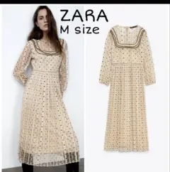 ZARA　コントラスト ボックスプリーツ ワンピース　Mサイズ　ピンクベージュ