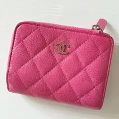 CHANEL シャネル　三つ折財布 ピンク　キャビアスキン　ラウンドファスナー