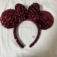 ミッキー型カチューシャ ワインレッド スパンコール