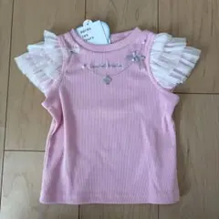 フリル袖ピンクリブ編みTシャツ 90cm