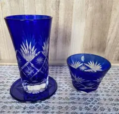 手作り 切子 藍色 一口ビール&ぐい呑み&コースター 5個セット