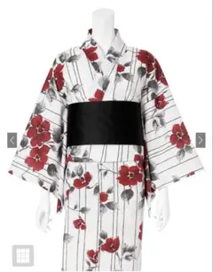 浴衣 帯セット 白地 赤い花柄 縦縞