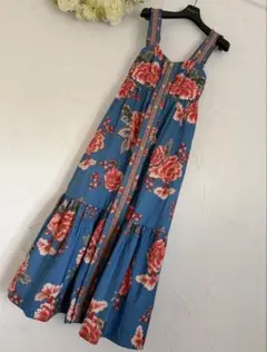 インポート　ブルー　花柄　フラワープリント ロング　キャミワンピース