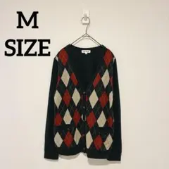 アーガイル柄 カーディガン M ネイビー 赤 Vネック ニット　レトロ