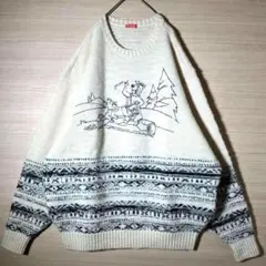 ヴィンテージ オーバーサイズ 肉厚 ニット XL フェアアイル キャラ刺繍 古着のサムネイル