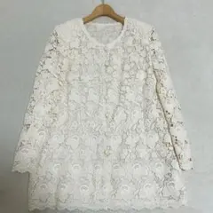 美品✨レリアン 総レース ノーカラーロングジャケット 13+ 大きいサイズ 白のサムネイル