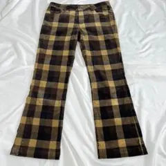 Y2K コーデュロイ フレアパンツ チェック ブーツカット 茶系