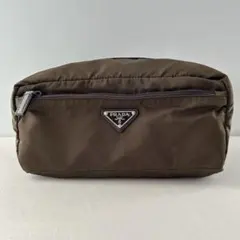 PRADA プラダ　ナイロンポーチ 三角ロゴ　ブラウン　大きめポーチ