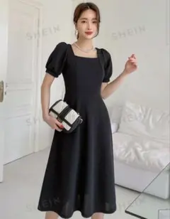 SHEIN パフスリーブ ロングワンピース ブラック