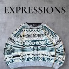 古着 美品 レトロ幾何学柄ニットセーター XL