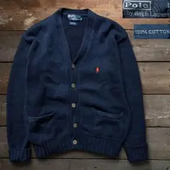 90s　ラルフローレン　コットンカーディガン　ポニー刺繍　ネイビー　サマーニット